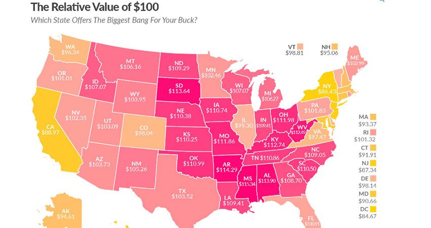 ارزش ایالت های آمریکا بر اساس 100 دلار