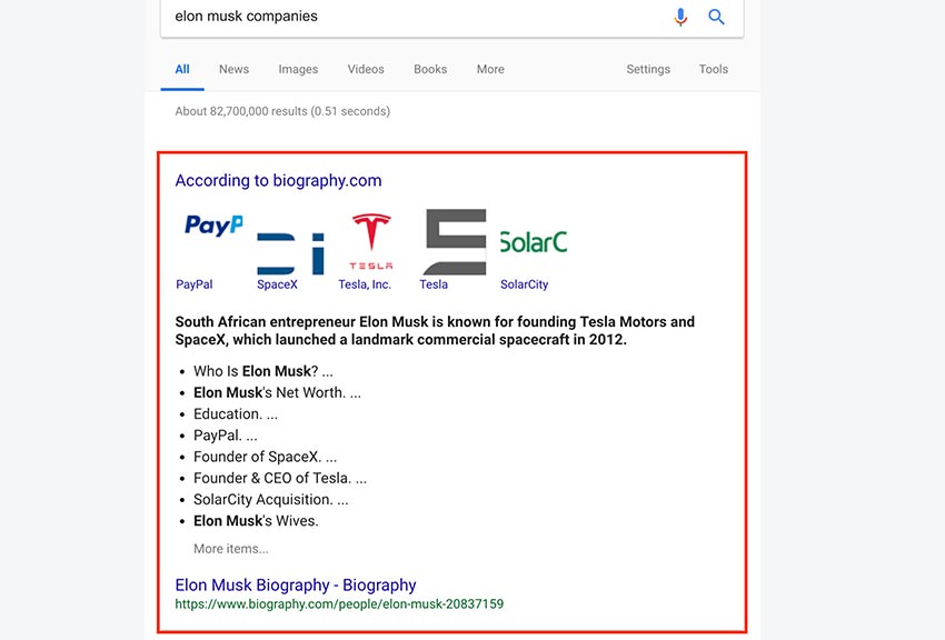 featured snippet صفحه نتایج گوگل