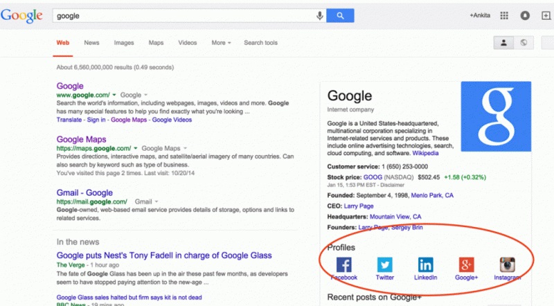 لینک شبکه های اجتماعی شرکت گوگل در پروفایل جست و جوی گوگل